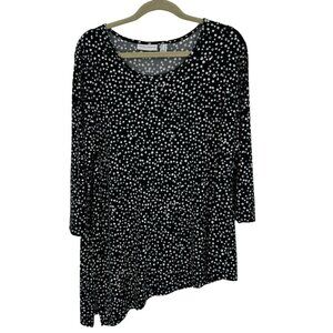 Susan Graver Womens Black Polka Dot Asymmetrical Hem Tunic Top knit Size large